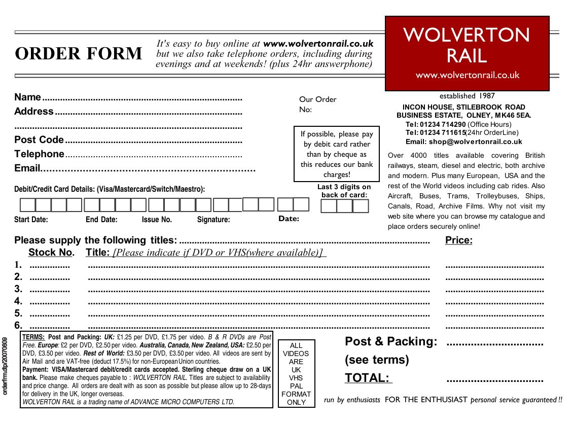 Wolverton Rail Paper Order Form (Free & Downloadable)